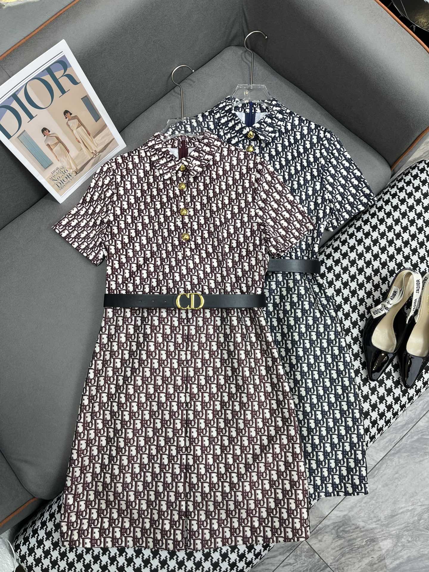 Платье Dior 2403-24ss весна/лето, новинка, с отложным воротником и монограммой, синее.