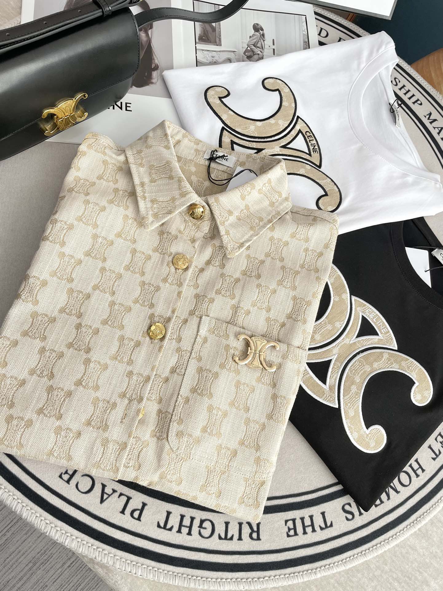 Джинсовая блузка Celine 2404 Jacquard Arc de Triomphe с коротким рукавом - черная