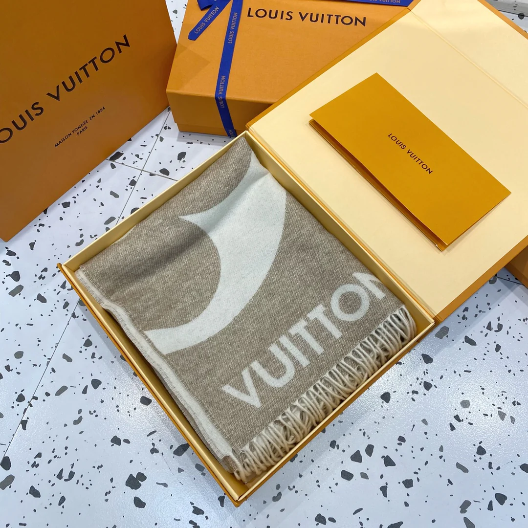 LV - Кашемировая шаль/шарф с золотой нитью - 70-200 см - 100 нитей, тонкая кашемировая пряжа, сотканная с металлизированной нитью.