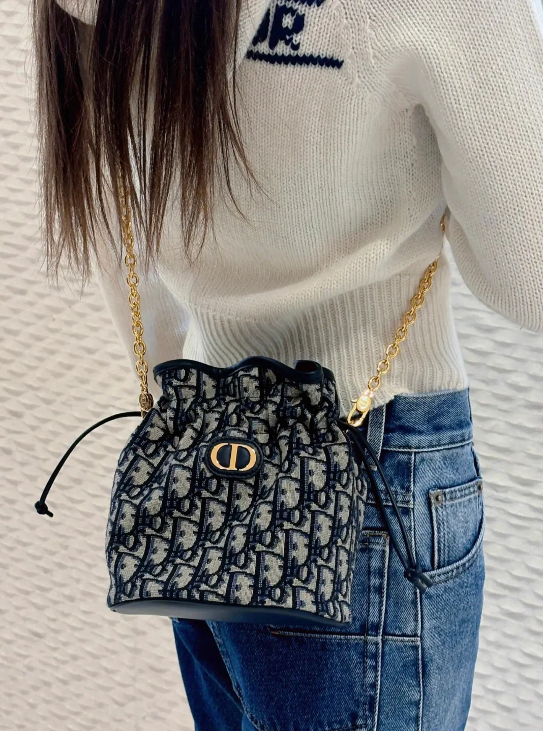 Сумка-ведро Dior Montaigne - Монограммная канва - Темно-синяя