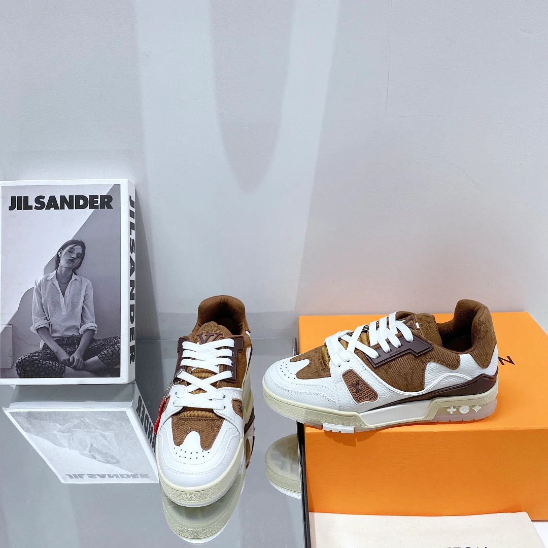 Обувь LV - кроссовки LV Trainer из джинсовой ткани с лоскутным дизайном - парный стиль