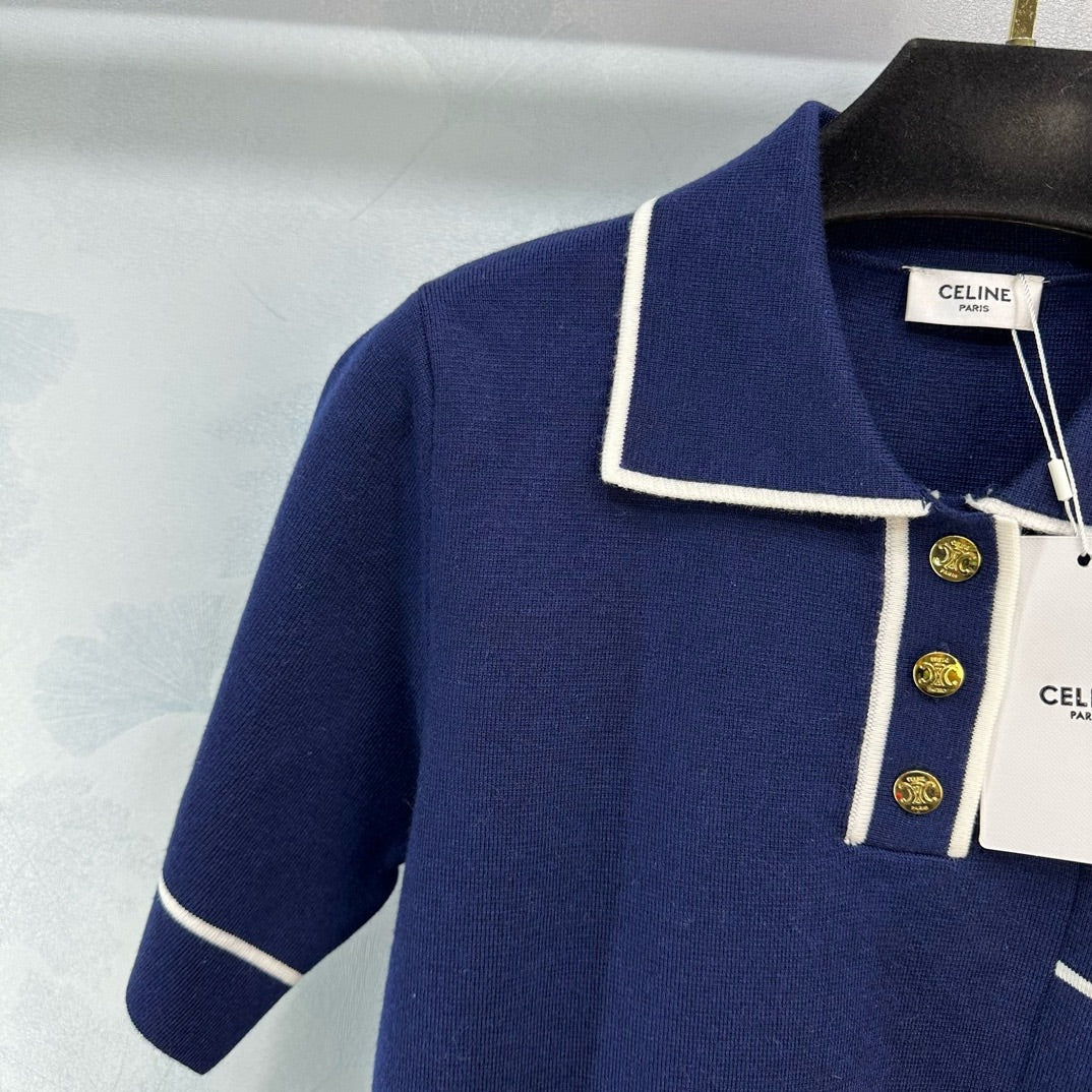 Новая трикотажная футболка-поло Celine с коротким рукавом, коллекция весна/лето 2024.
