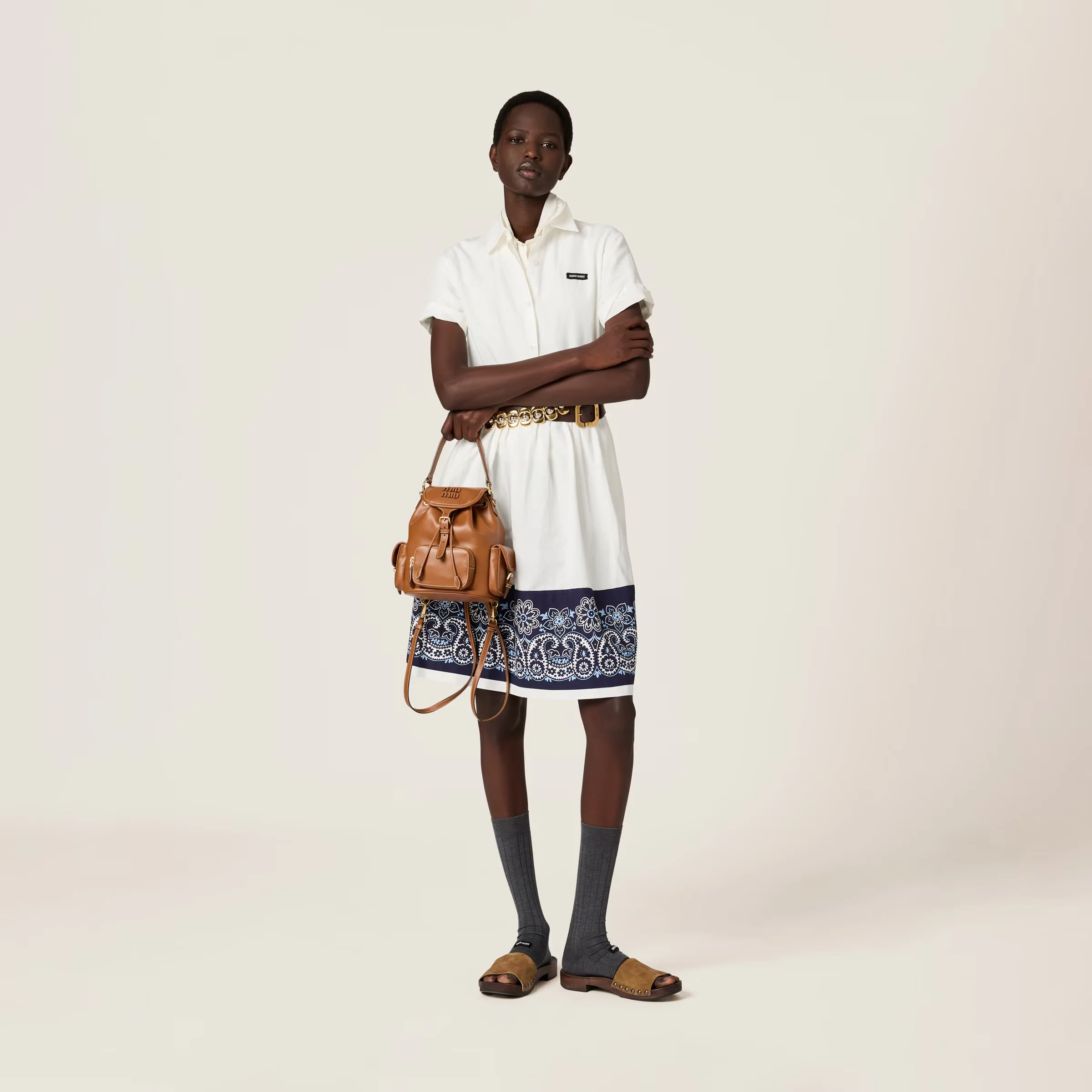 Рюкзак Miu Miu из канваса и кожи, маленький, коньячный.