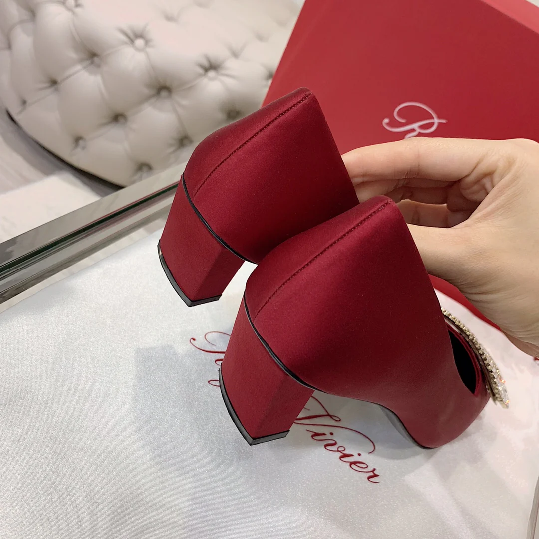 Туфли на блочном каблуке RV-4-5 см - шелковая пряжка со стразами - бордовые