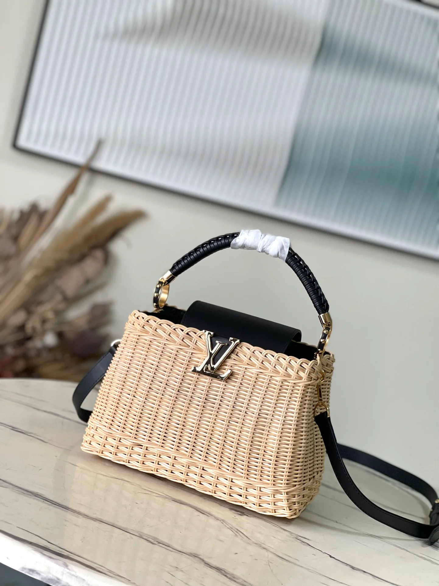 m22173-LV-Сумка через плечо в курортном стиле из бамбукового плетения - Черная