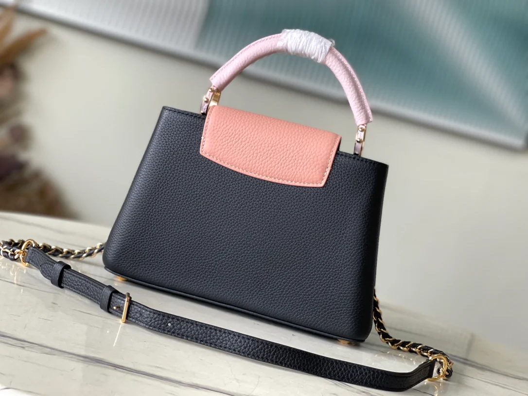 m21887-LV-Taurilon Leather-Capucines Handbag-Black/Pink-Small Size
