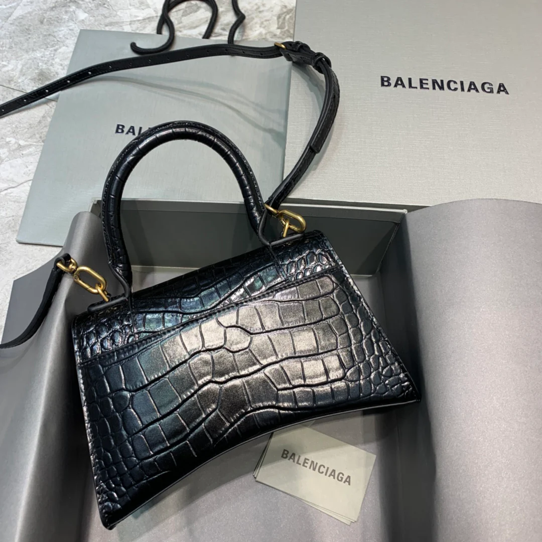 Сумка Balenciaga Hourglass - Черная с крокодиловым рисунком - Золотая фурнитура
