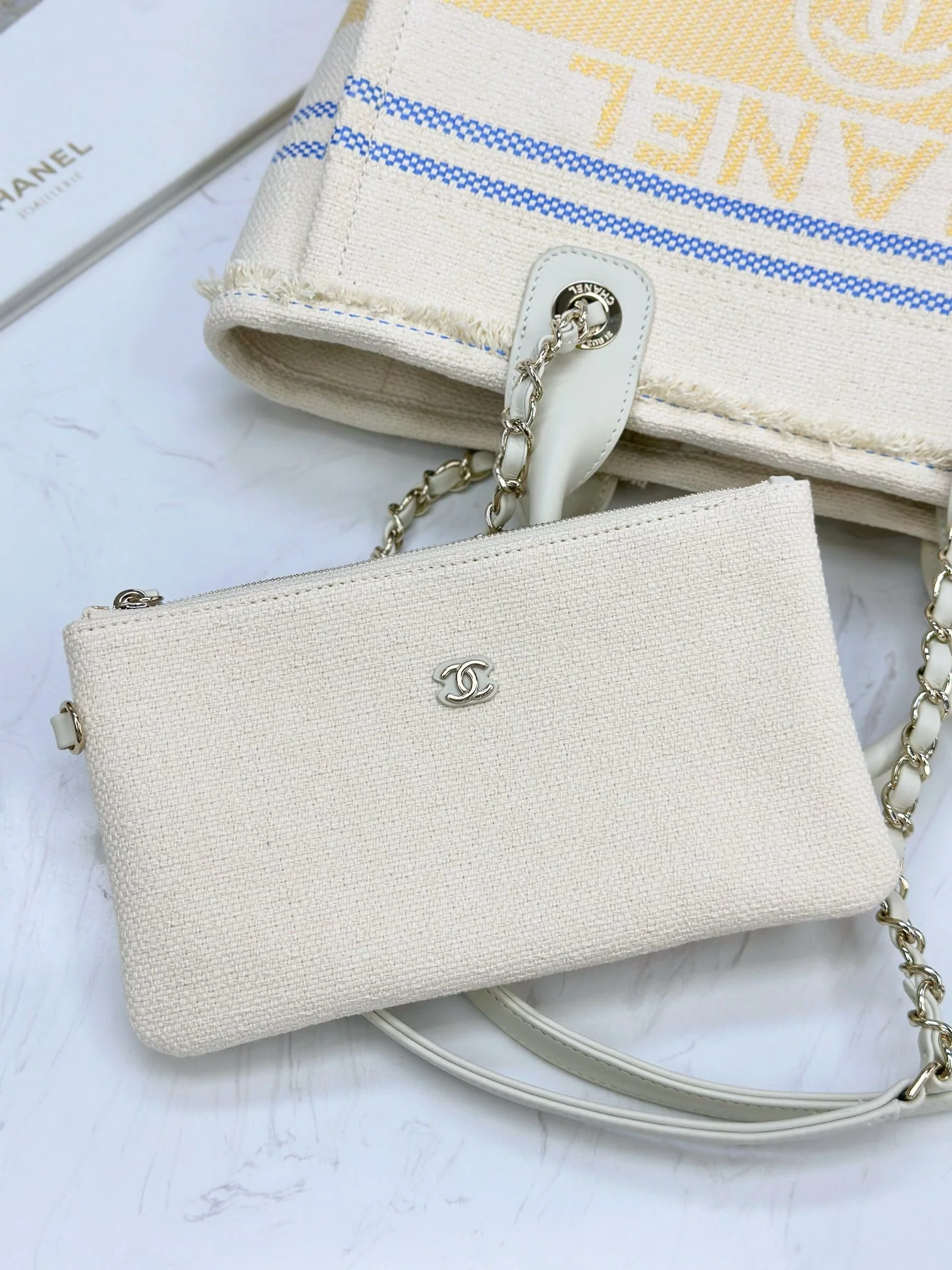 Пляжная сумка Chanel 25c, косметичка, ярко-желтая.