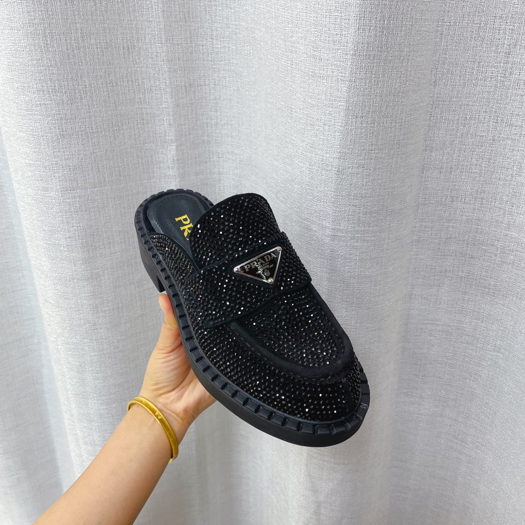 Туфли Prada - украшенные стразами - черные мюли Prada