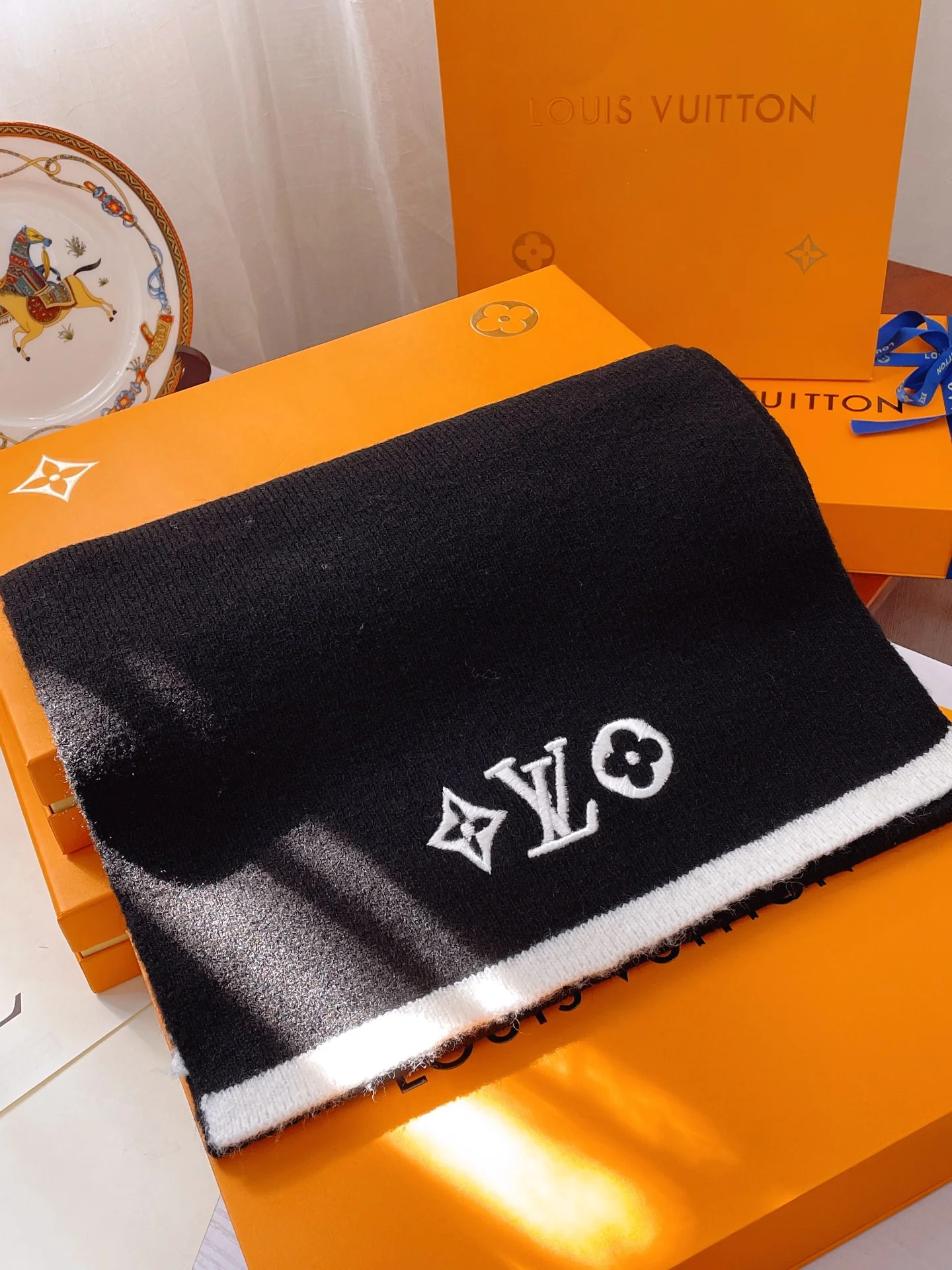 LV - Кашемировый вязаный шарф премиум-класса - 35 см - 200 см - Черный