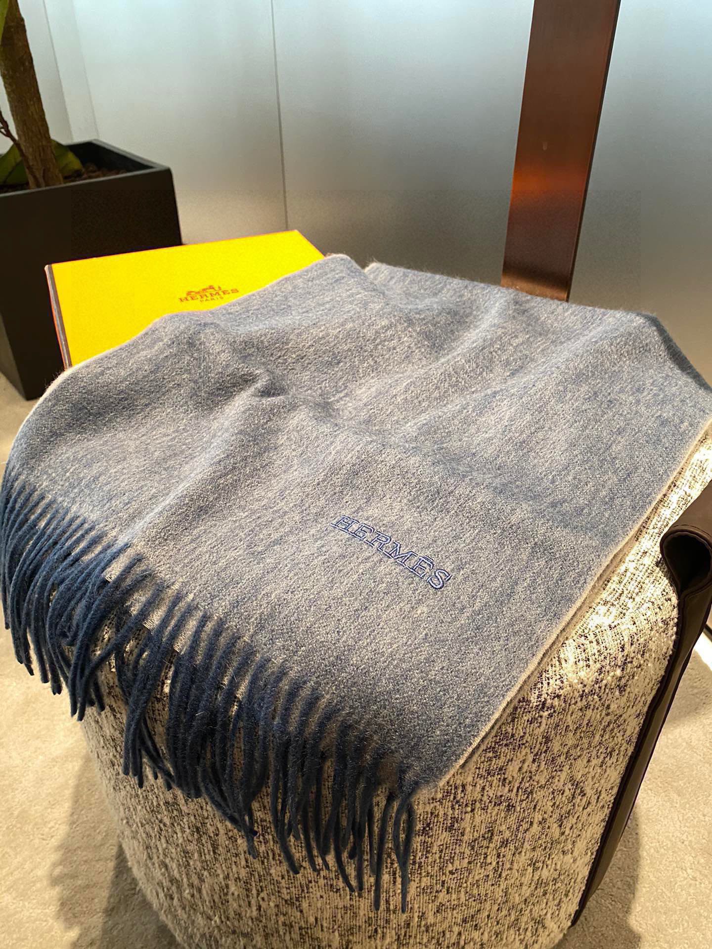 Двусторонняя кашемировая шаль/шарф Hermes - 210 см - синий