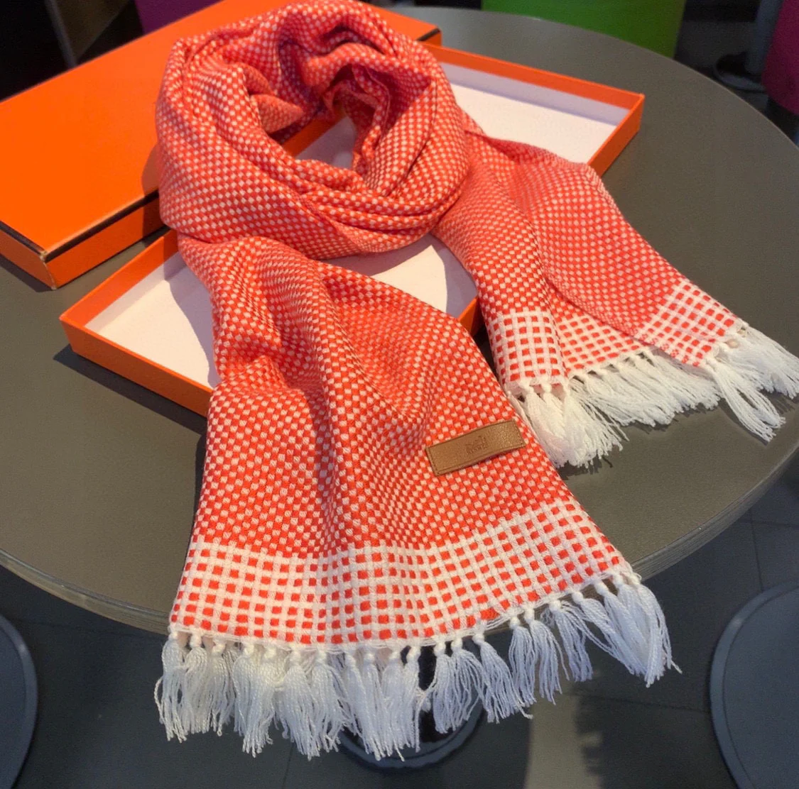 Вязаный кашемировый шарф Hermes ручной работы - 40 см - 195 см - оранжево-красный