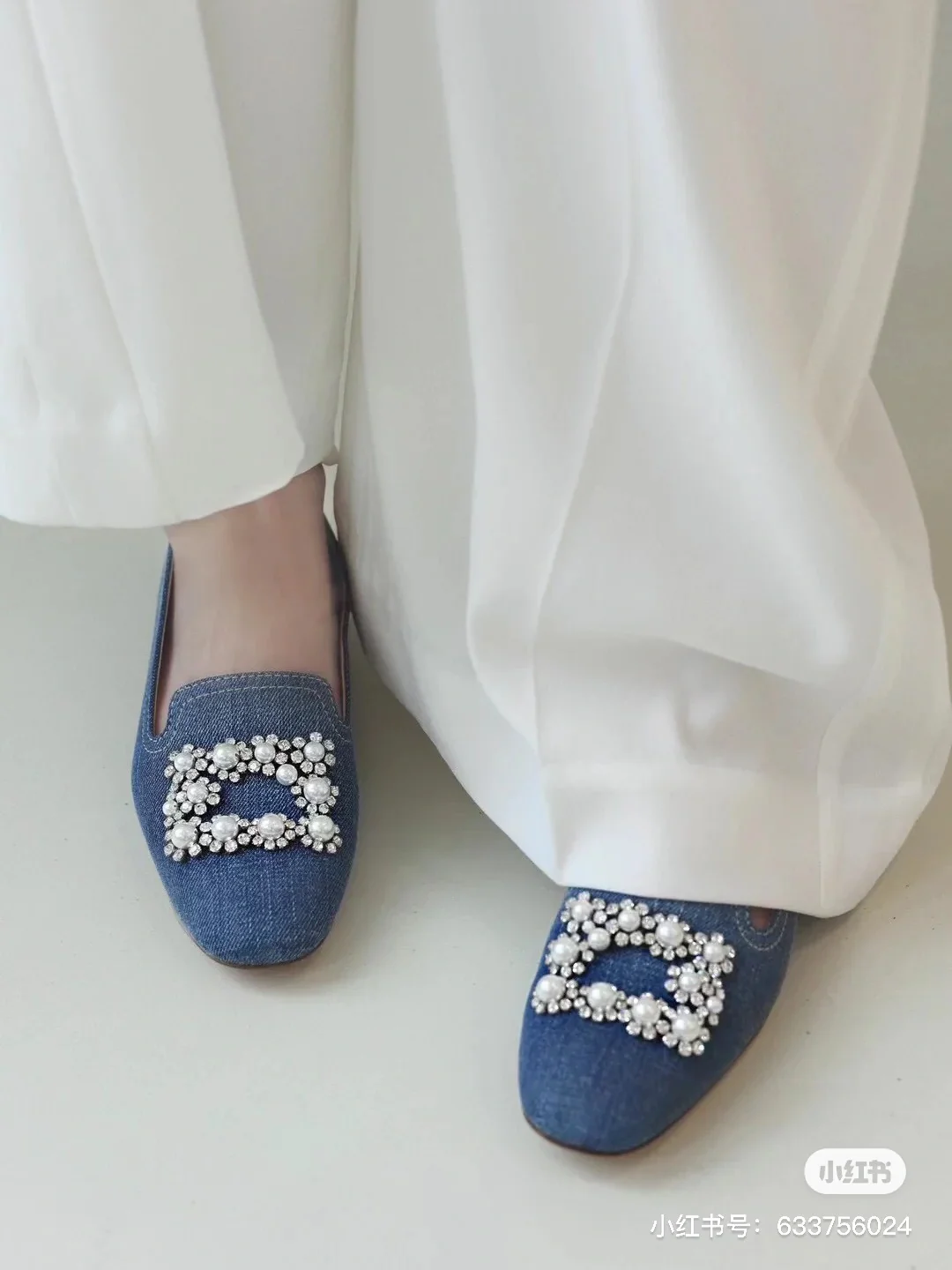 Обувь RV Shoes - Новинка весны/лета 2023 - Балетки с пряжкой из жемчуга и страз - Синие