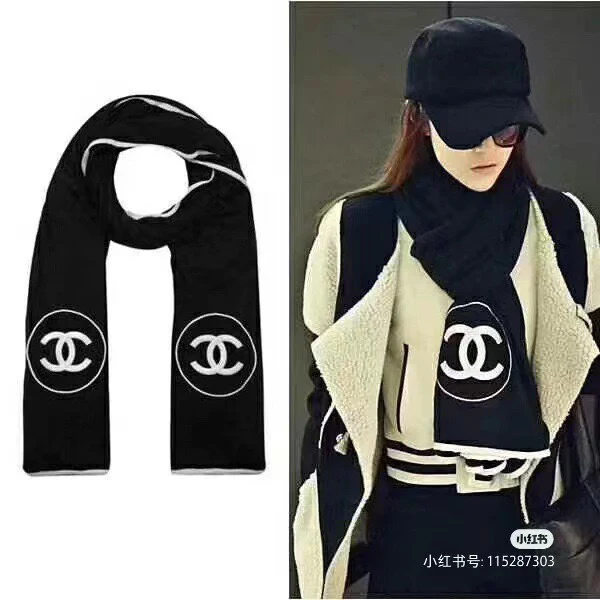 Вышитый шарф Chanel в черно-белых тонах - 100-200 см - Кашемир