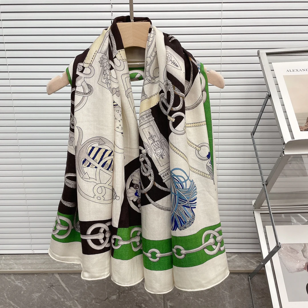 Большой двусторонний шарф Hermes - 136 см - 30 - Шелк 70 - Шерсть - 1