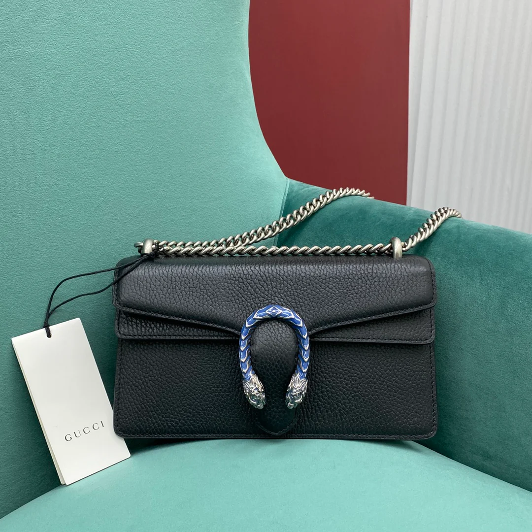 Сумка Gucci Dionysus черного цвета с зернистой текстурой - 25 см x 13 см x 5 см x 7 см