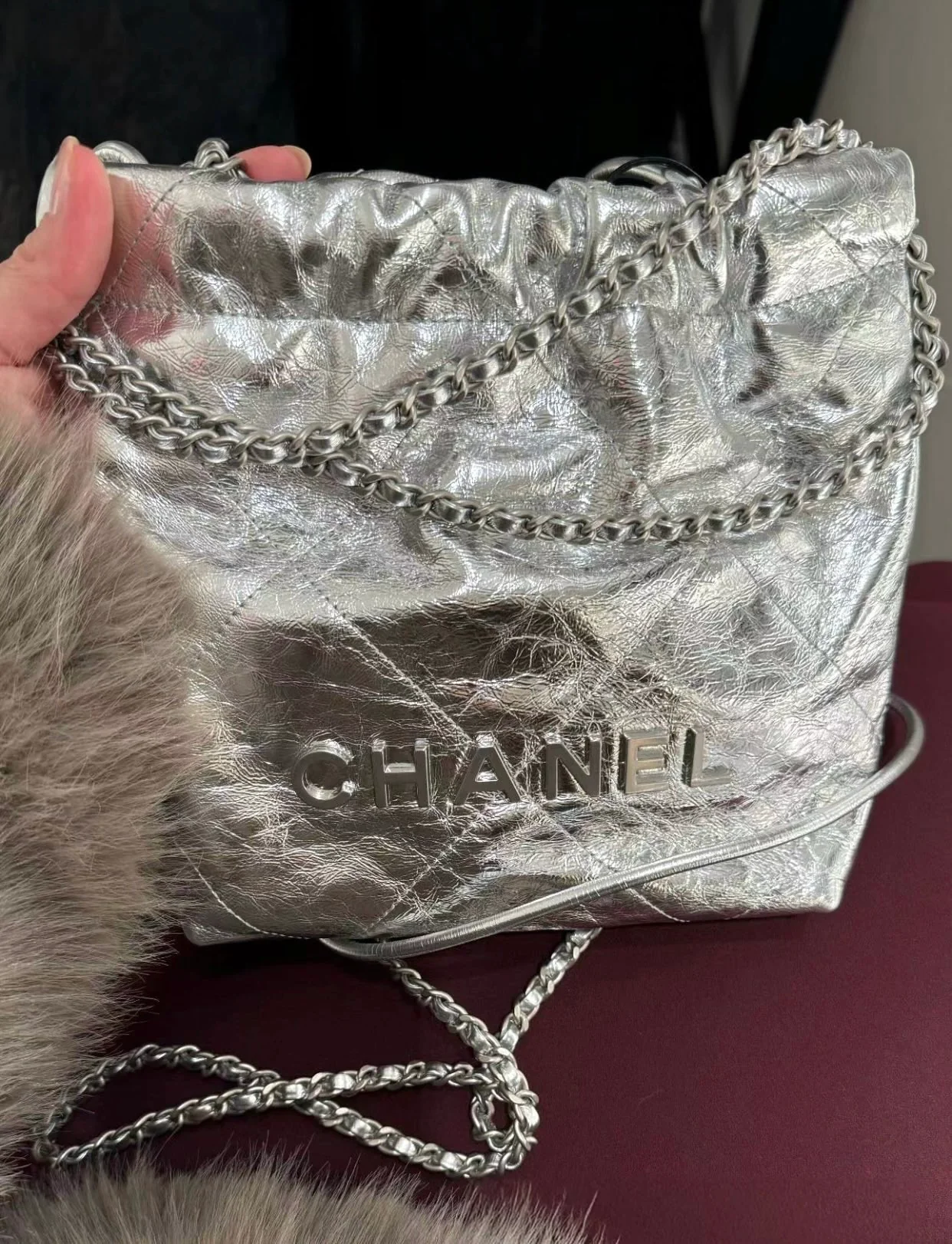 Chanel 25c 22bag mini metallic leather silver