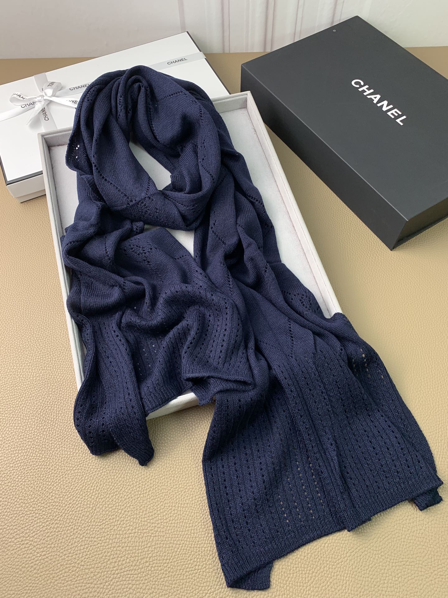 Кашемировый шарф Chanel ажурной вязки - 180 см - 60 см - 100% кашемир - синий