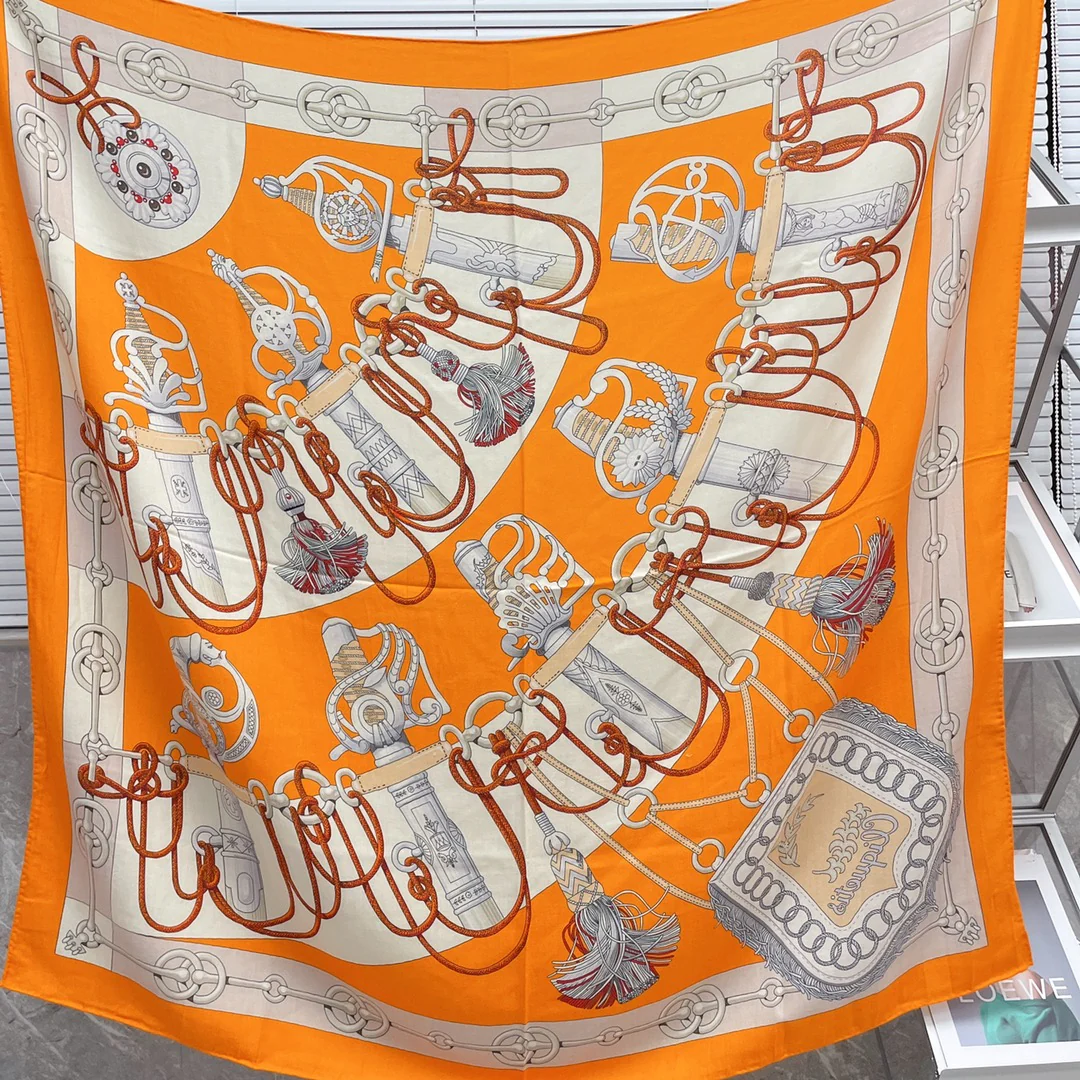 Большой двусторонний шарф Hermes - 136 см - 30 см - Шелк 70 - Шерсть