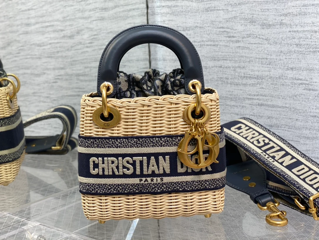Dior - Ручная работа - Плетеная бамбуковая сумка - Мини - Темно-синяя