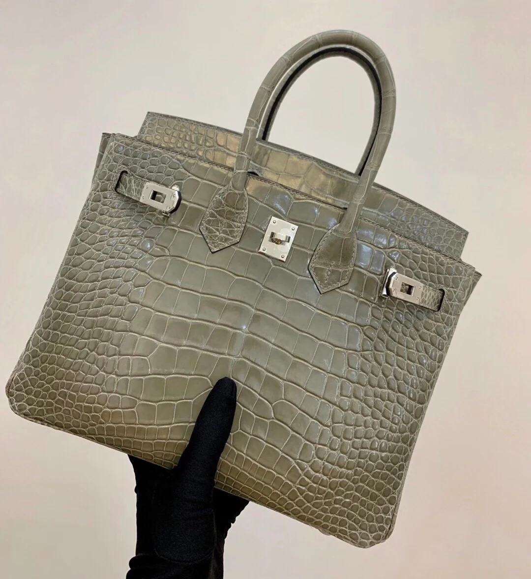 Сумка Hermes Birkin 81 — глянцевая, серая под крокодиловую кожу — серебряная пряжка