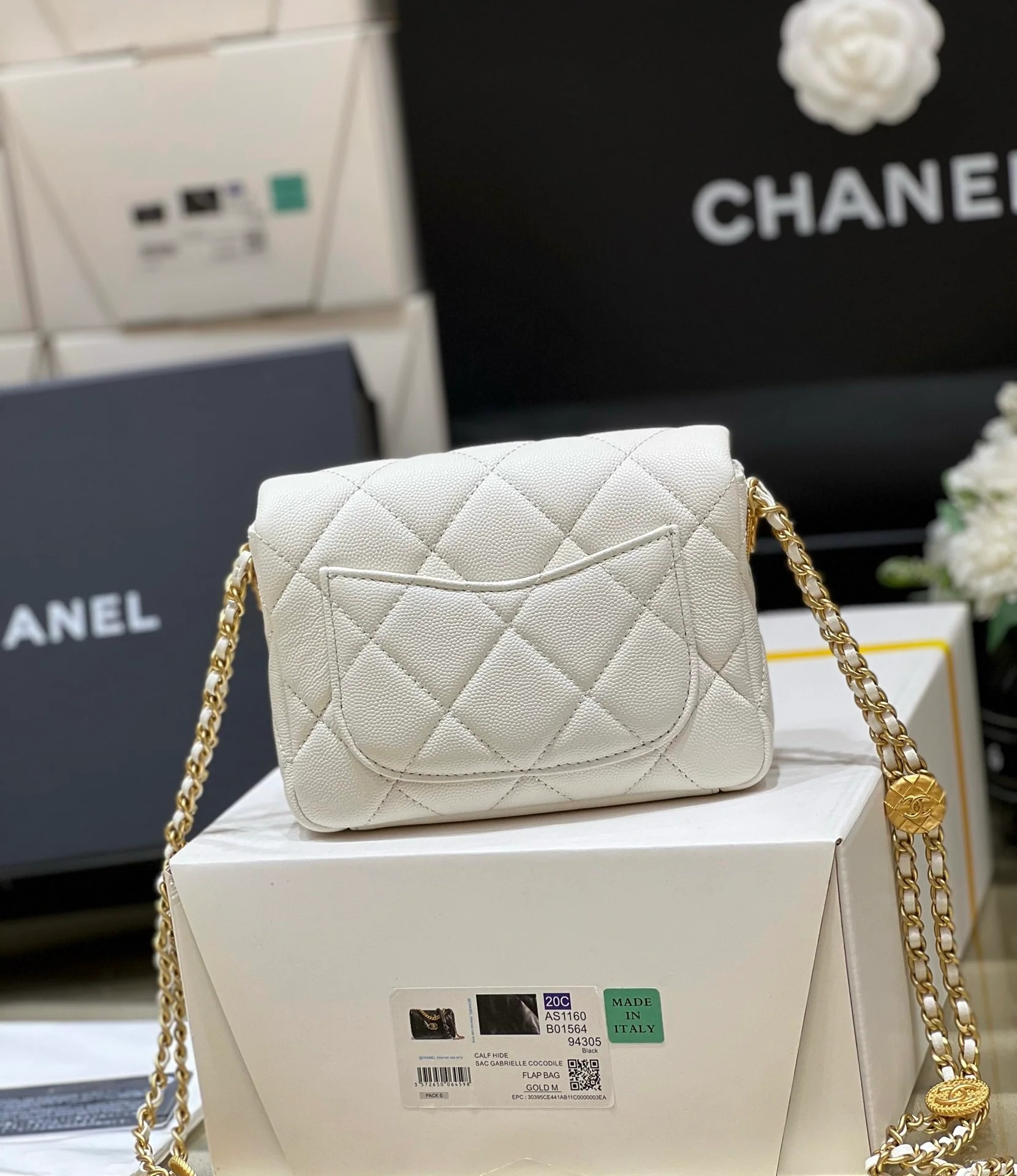 Сумка Chanel CF с цепочкой и монетами - зернистая телячья кожа - белая