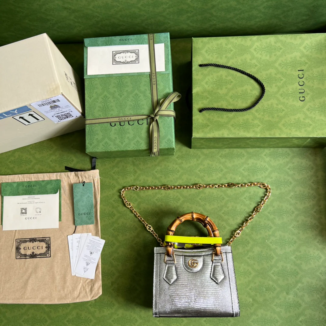 Сумка Gucci из бамбука - с рисунком серебристой ящерицы - 20x16x10 см