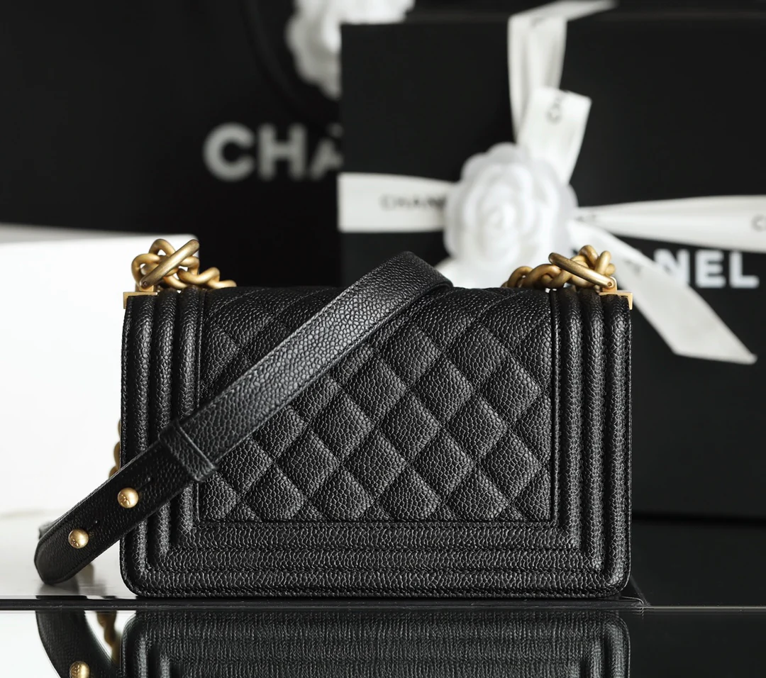 Chanel Le Boy Crystal Diamond Pattern Caviar - Medium - Black Gold