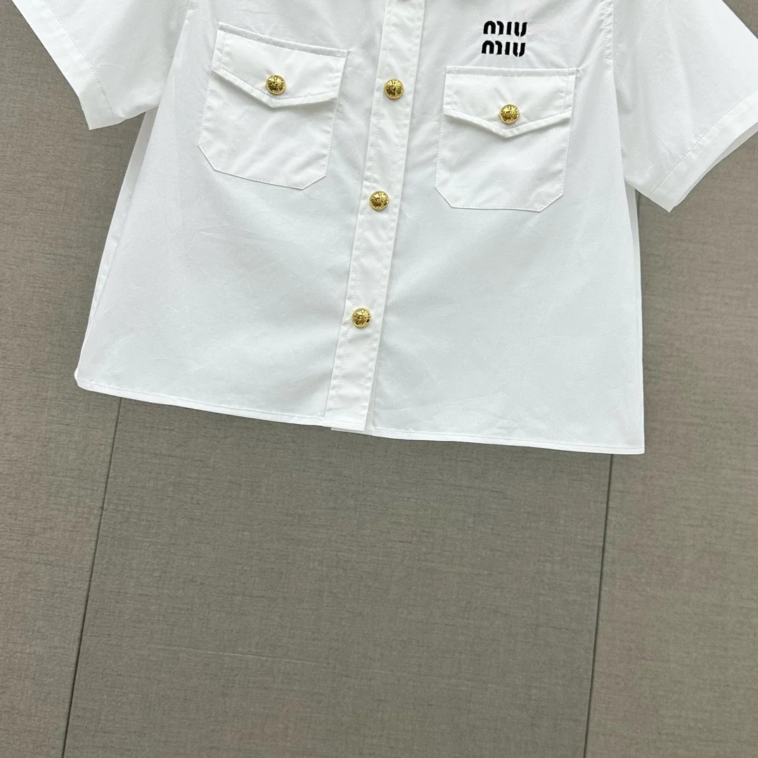 Miu Miu - 2404 - Хлопковая футболка с коротким рукавом и вышитыми буквами - Белая