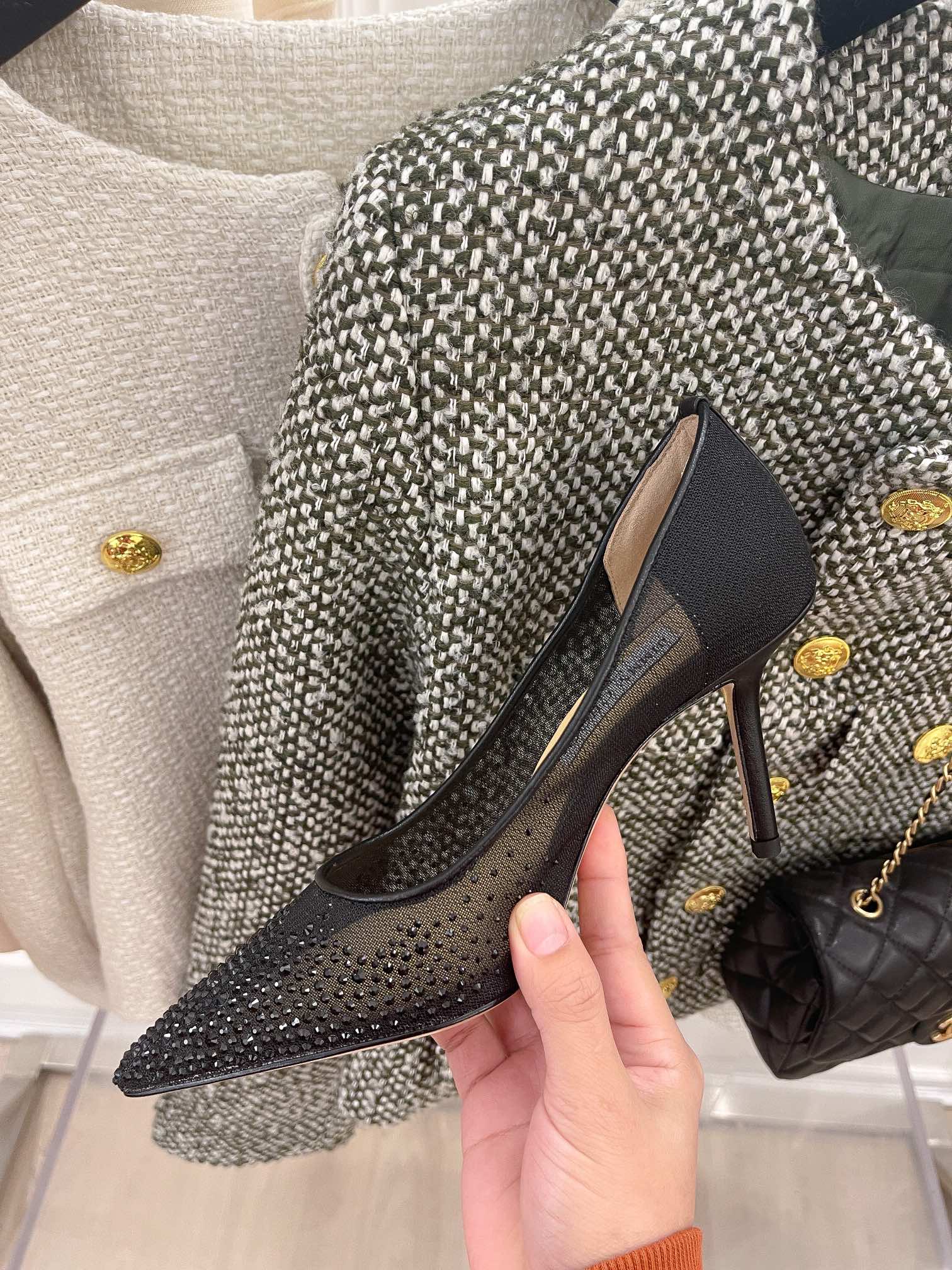 Jimmy - Туфли на высоком каблуке с сетчатой ??отделкой и стразами - Черные