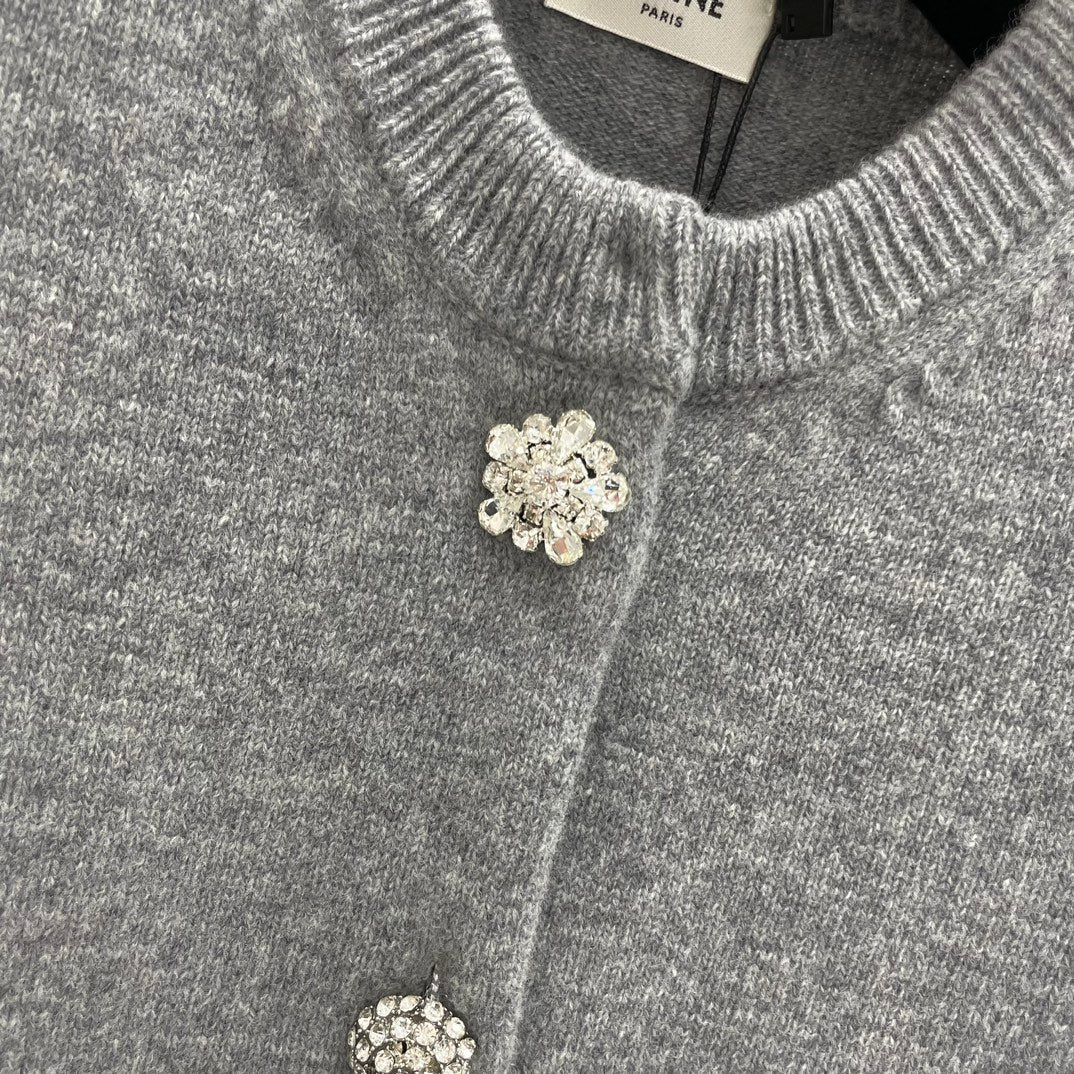 Вязаный свитер Celine 2403 с круглым вырезом, украшенный стразами, серый.