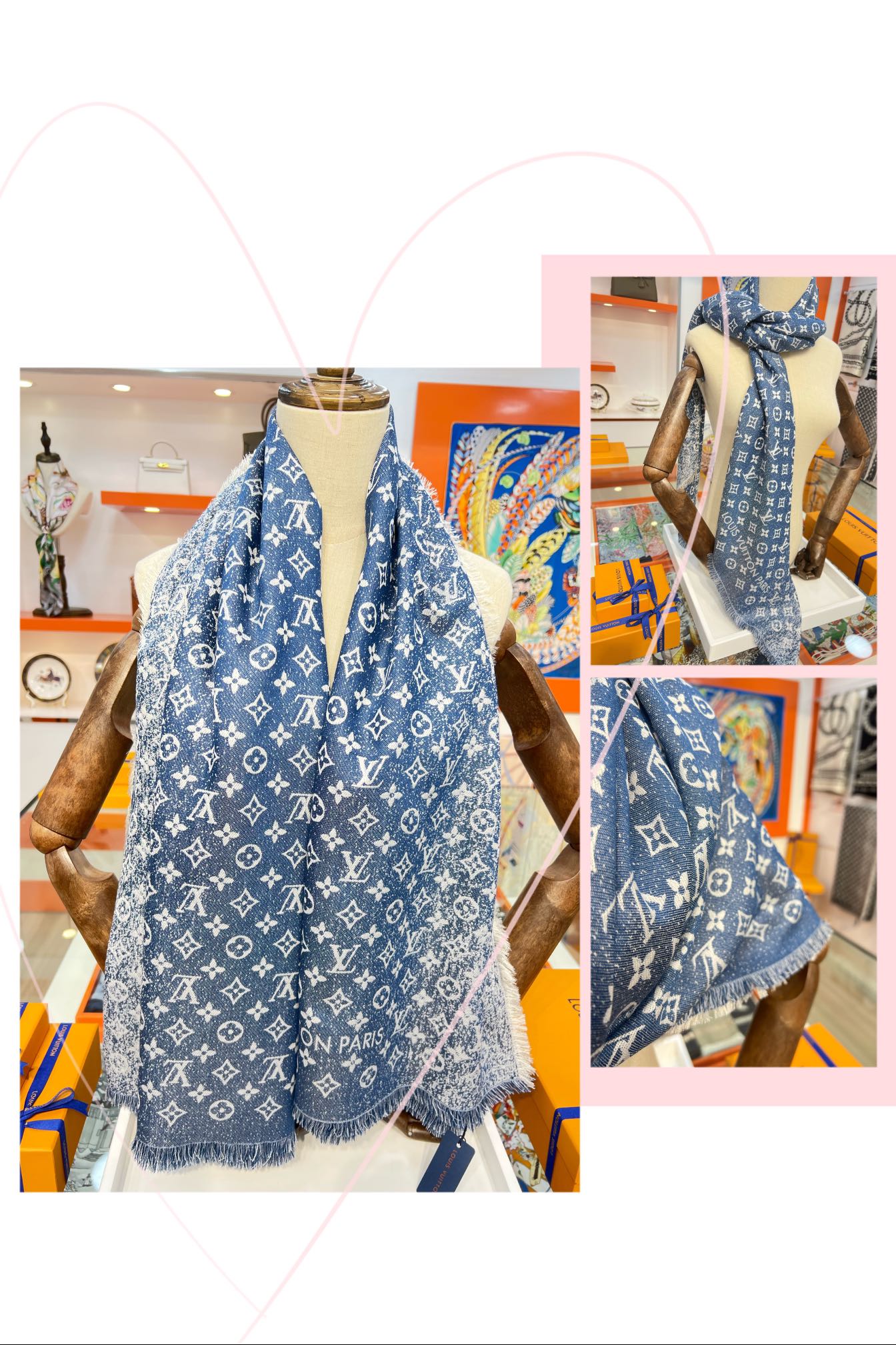 LV - Градиентная джинсовая шаль с монограммой - джинсовая ткань - градиент - 142 - 5 см - 2