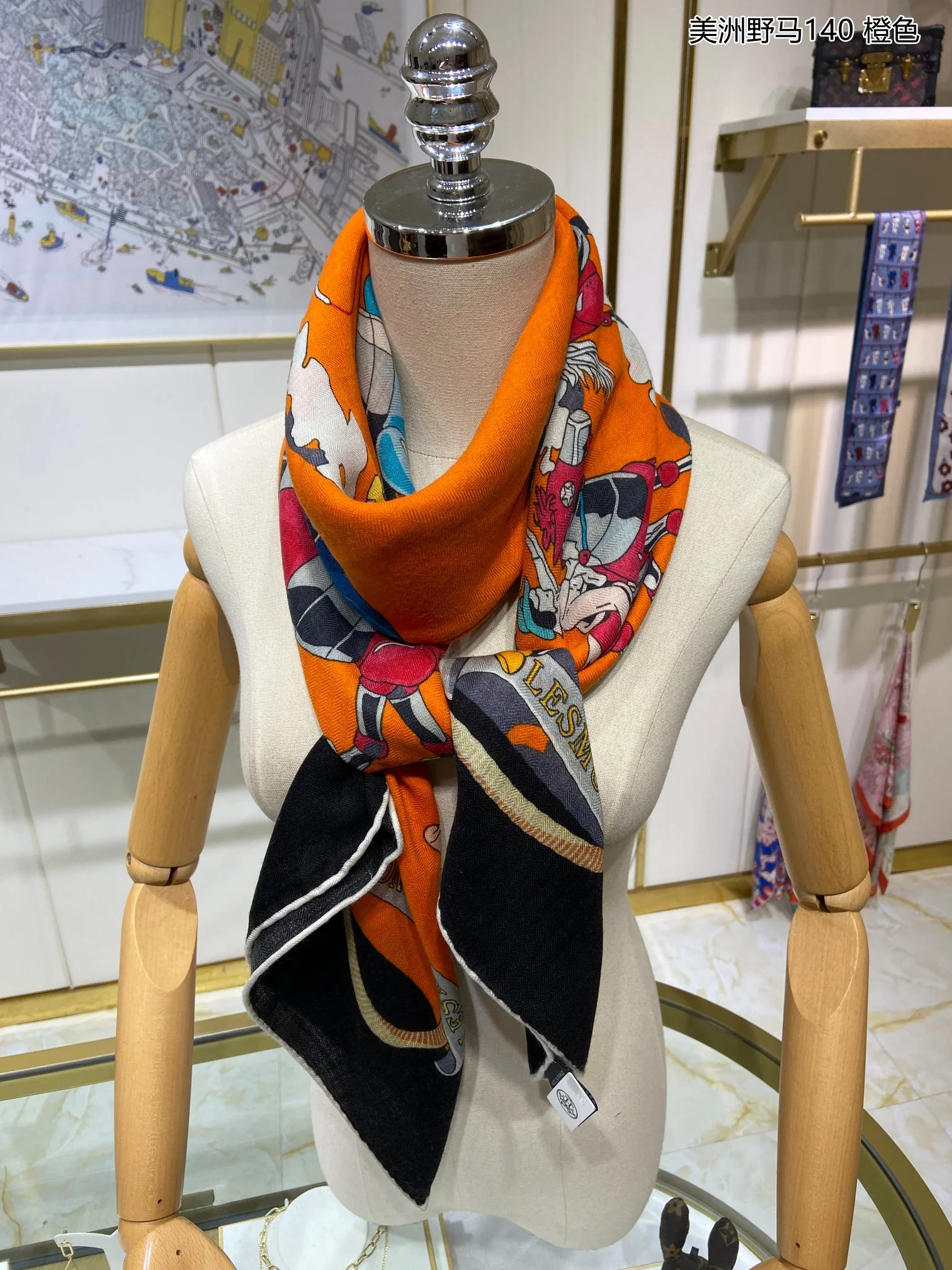 Квадратный шарф Hermes Mustang - 140 см - 70% кашемир - 30% шелк - оранжевый