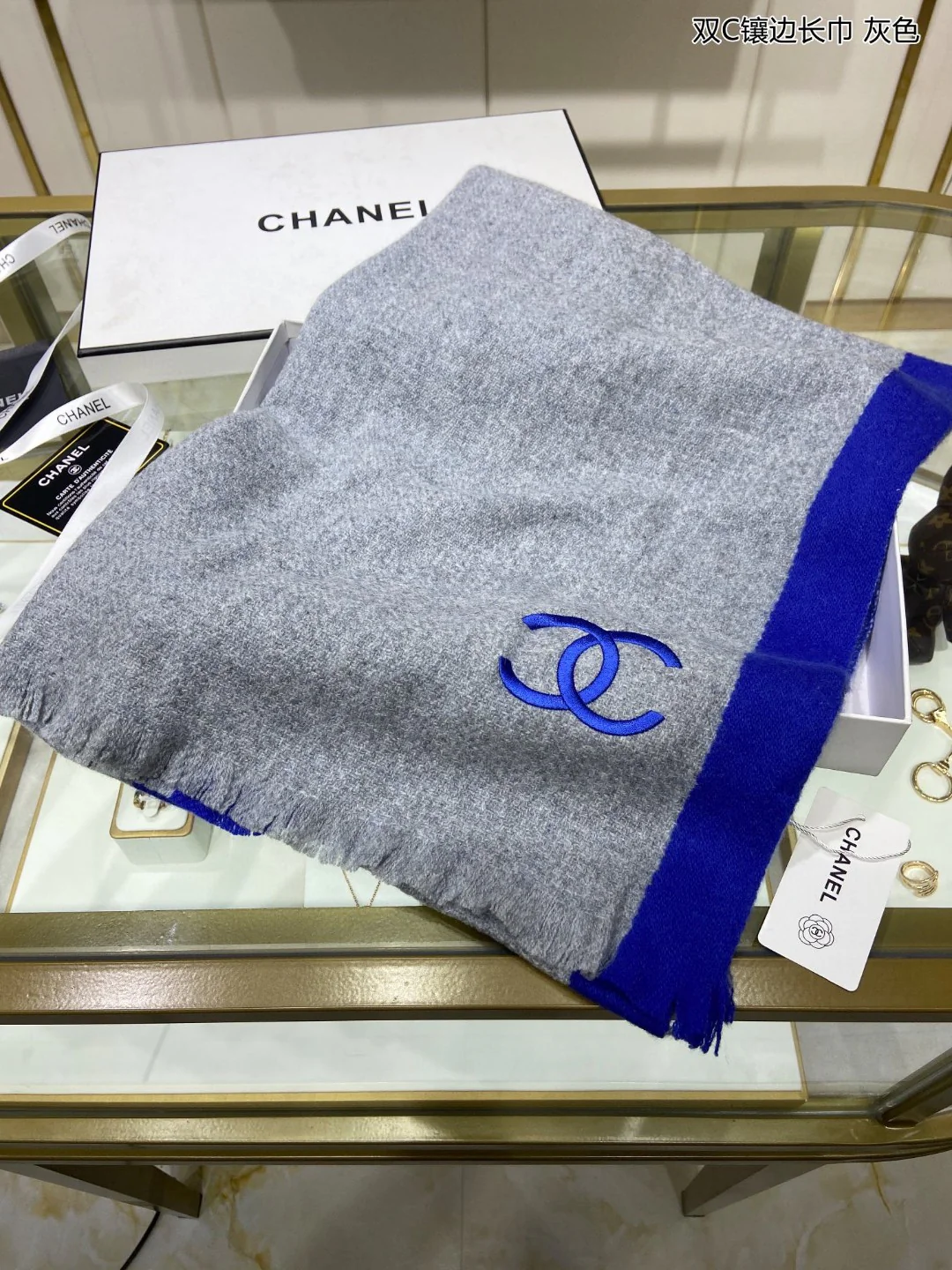 Длинный шарф Chanel с двойной С-образной отделкой - 43 см - 195 см - 100% чистый кашемир - синий