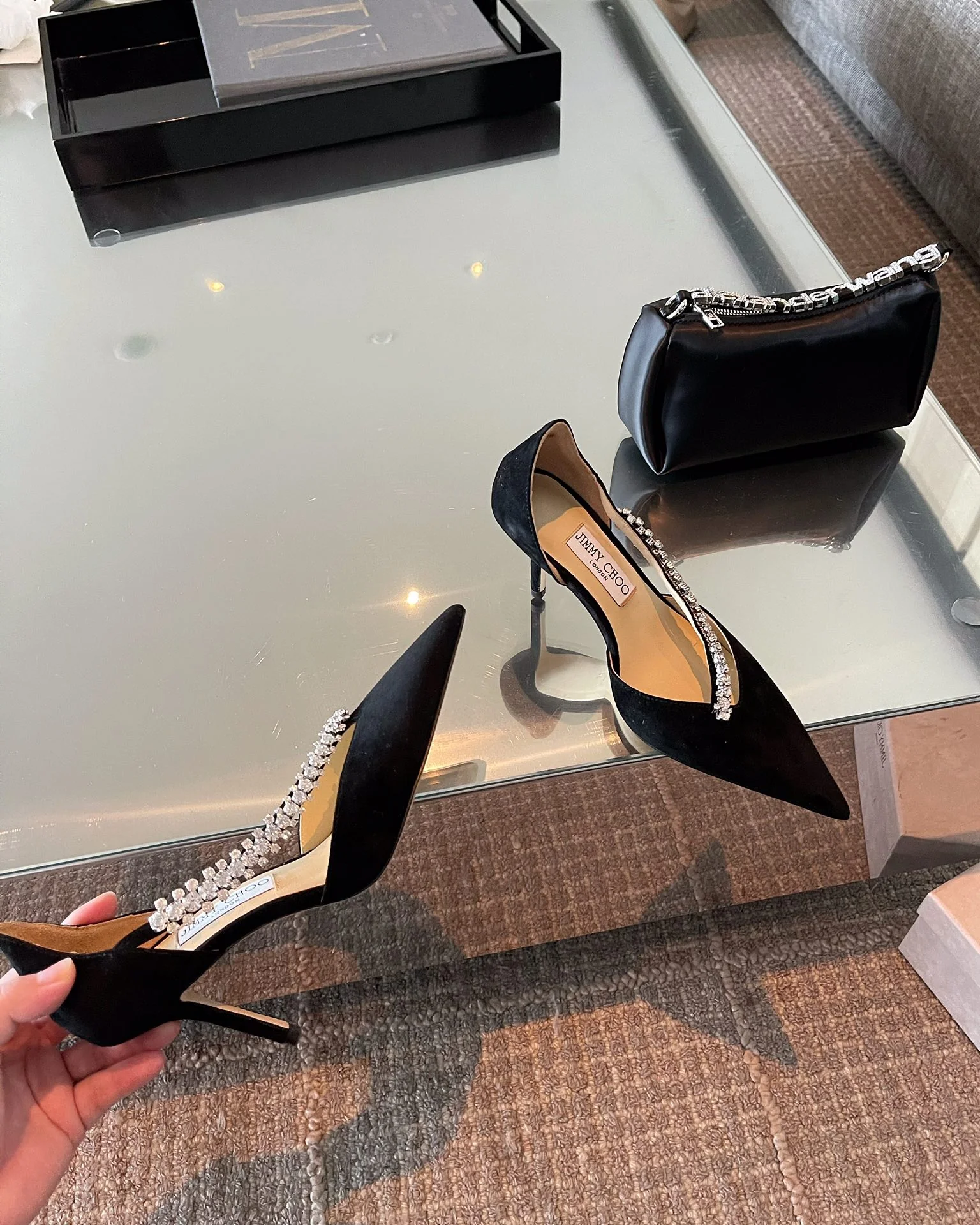 Туфли на высоком каблуке Jimmy Crystal Velvet в стиле Чо Чжа-хён - 8-5 см