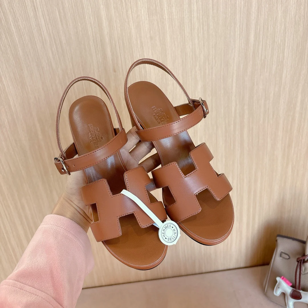 Модные сандалии Hermes 2024 из натуральной кожи - кофейно-коричневый