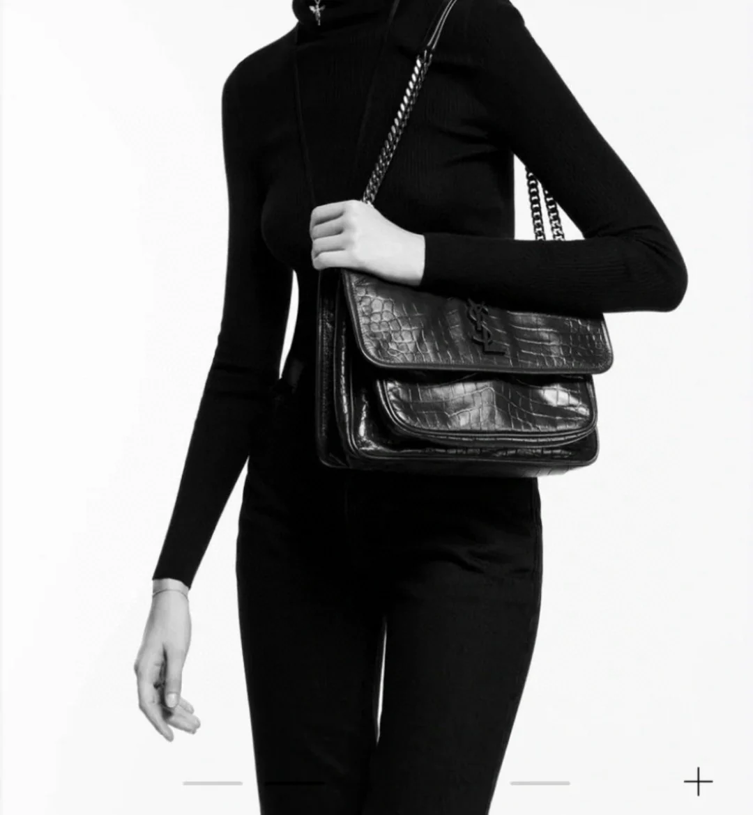 YSL Niki Baby 28 см, черная цепочка с крокодиловым принтом