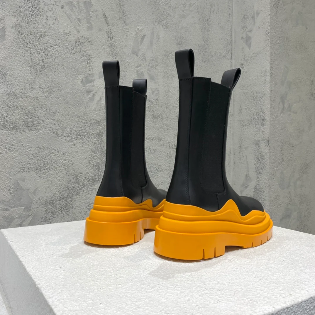BV-22ss - Британские ретро-сапоги до середины икры - Унисекс - Черные с оранжевой подошвой