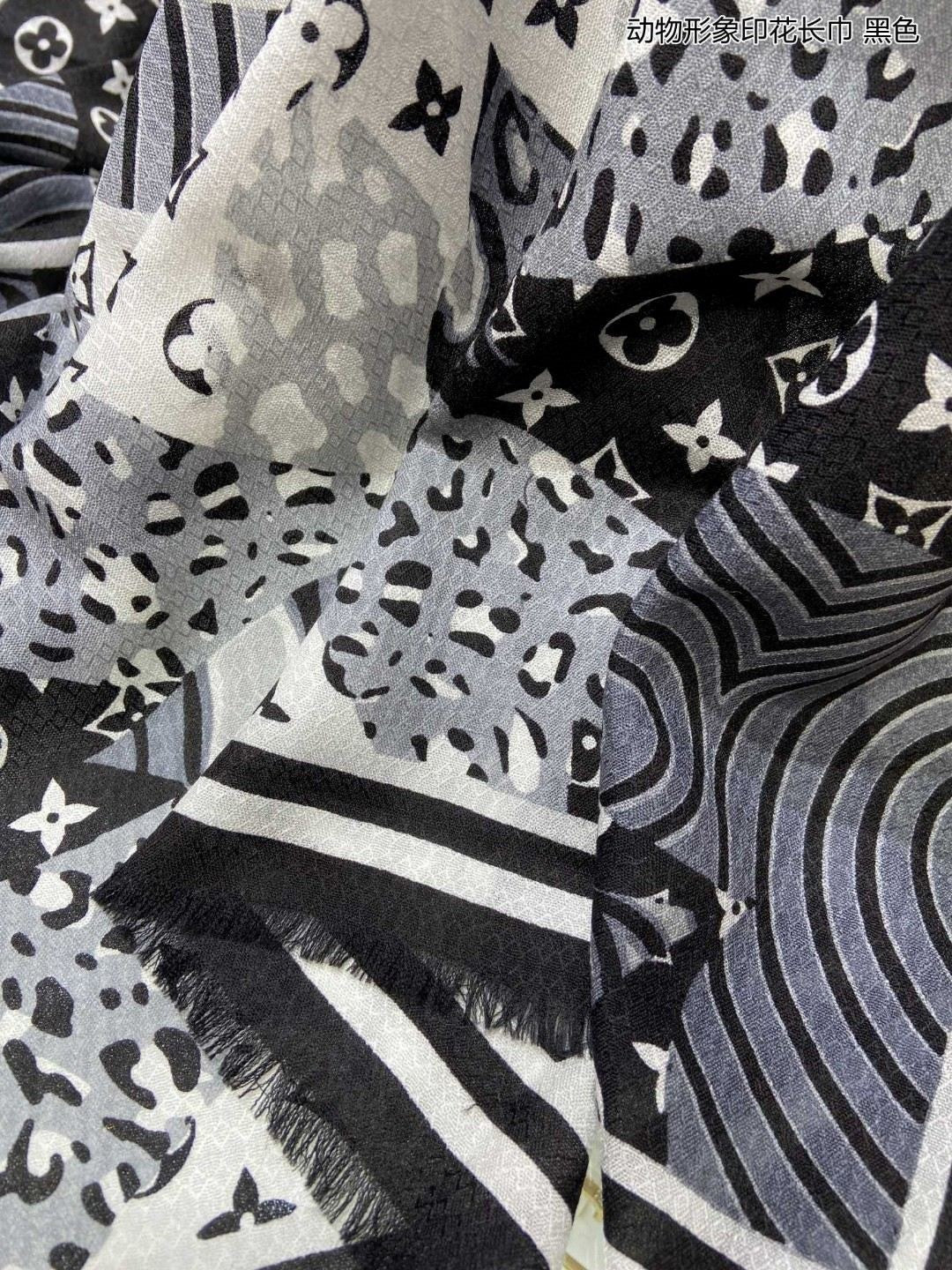 Шарф LV с анималистическим принтом - 110-200 см - 100 г - Кашемир высшего качества - Черный