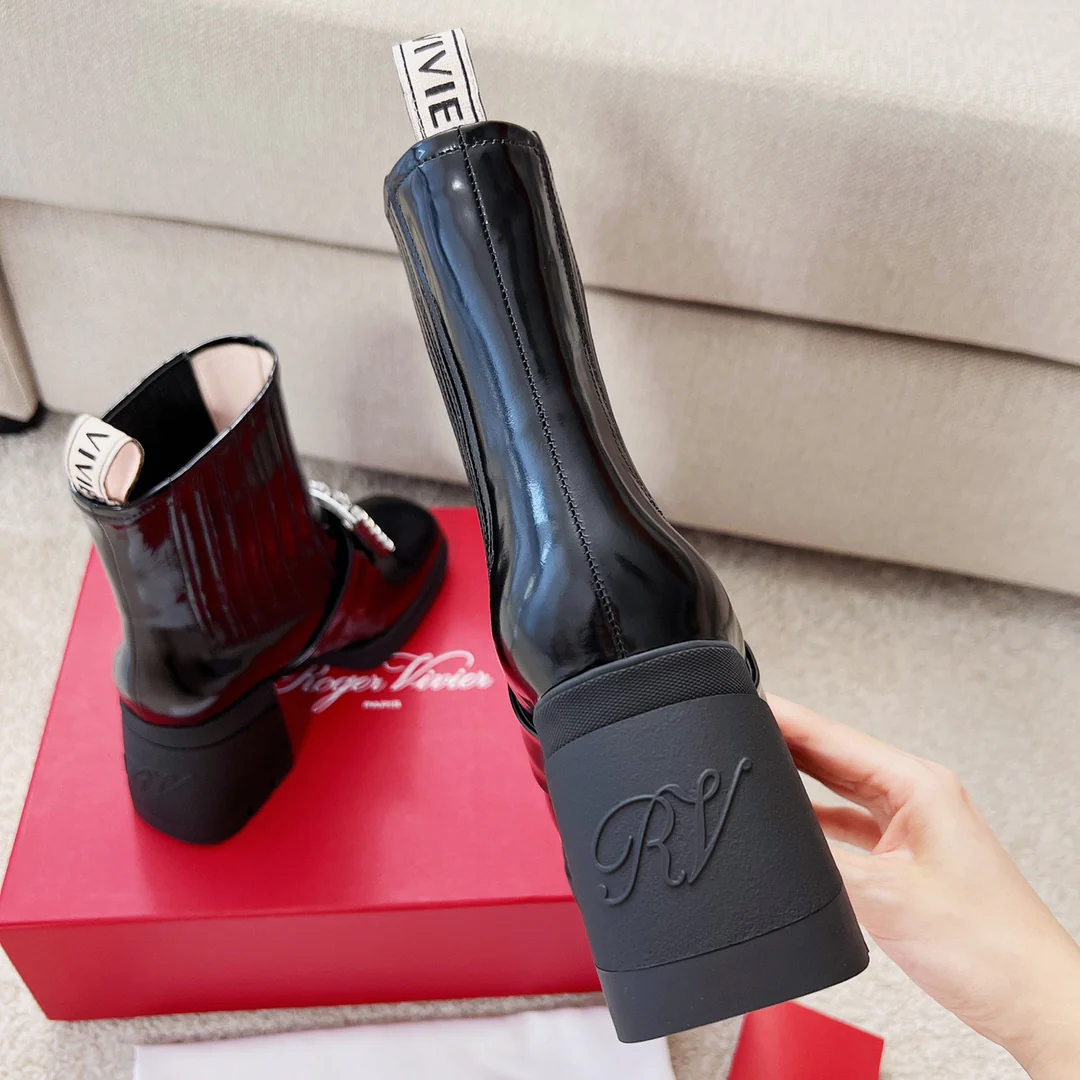 RV Shoes - 22ss - Ботинки до середины икры на массивном каблуке, украшенные стразами - Стиль Оуян Наны