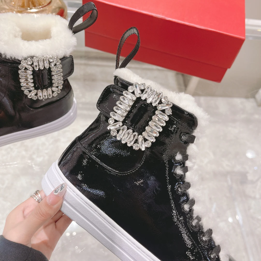 RV-Diamond Buckle Patent Leather Fur Lined High-top Shoes-White Fur Lining