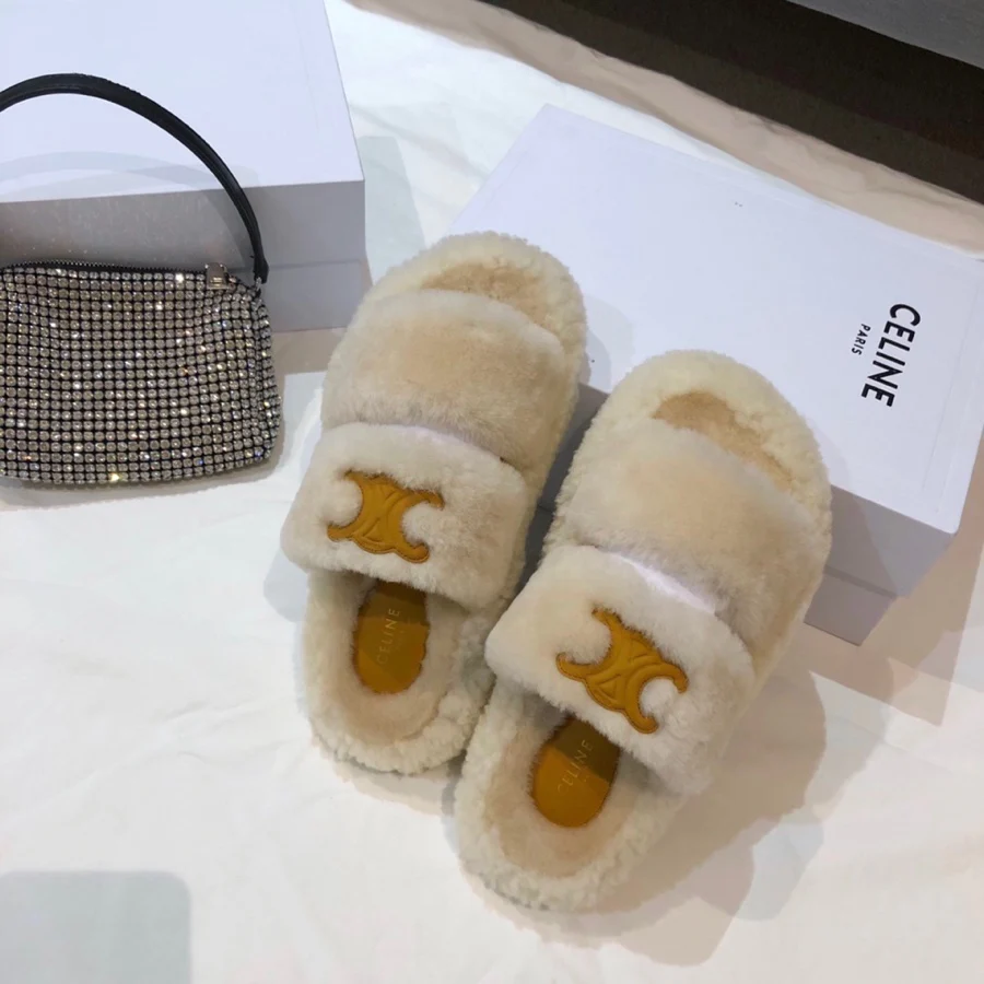 Обувь Celine - Celine - пушистые тапочки - цвет молочного чая