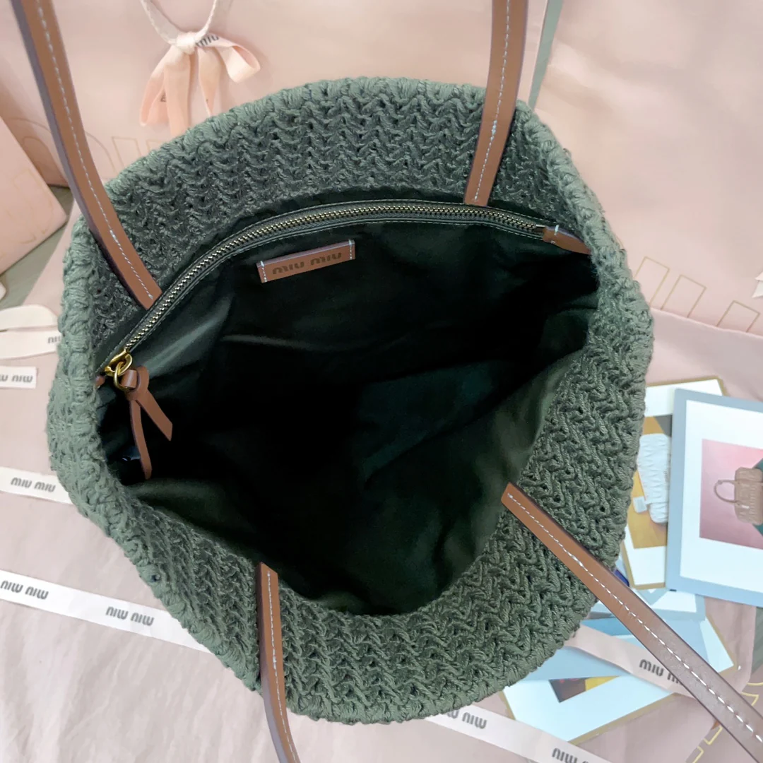 Miu Miu-5bg248 - Вязаная сумка-шоппер из рафии и хлопковой пряжи, маленькая