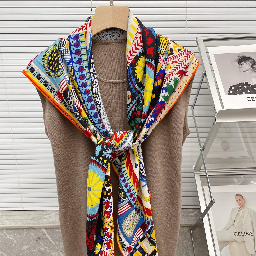 Большой двусторонний шарф Hermes - 136 см - 30 см - Шелк 70 - Шерсть - 6 см