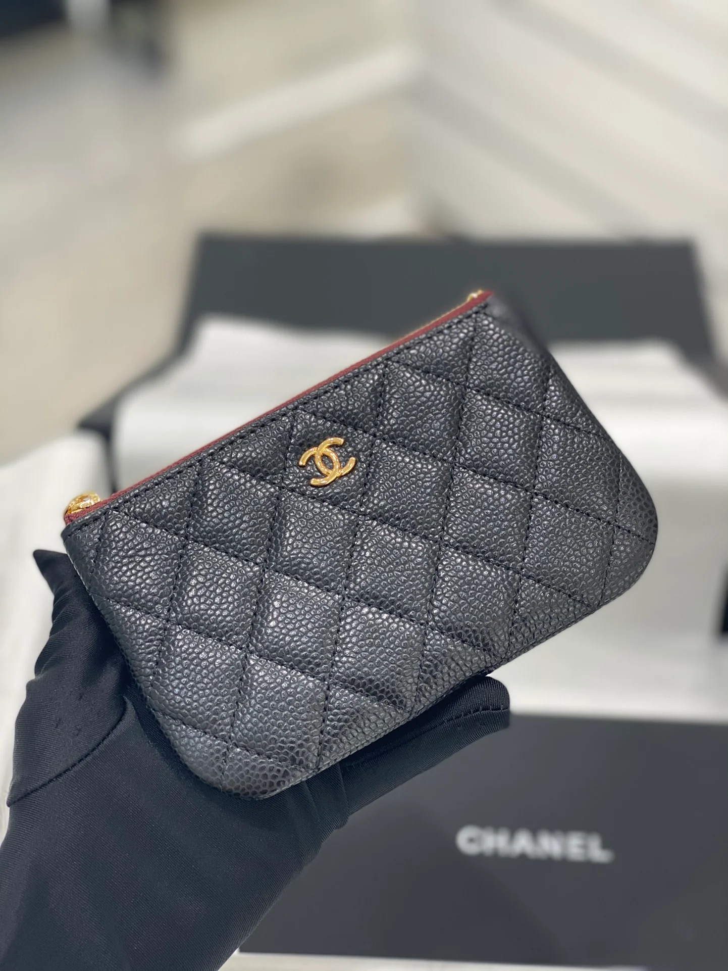 热销款 Chanel-19系列 经典皮革拉链零钱包 黑色金扣