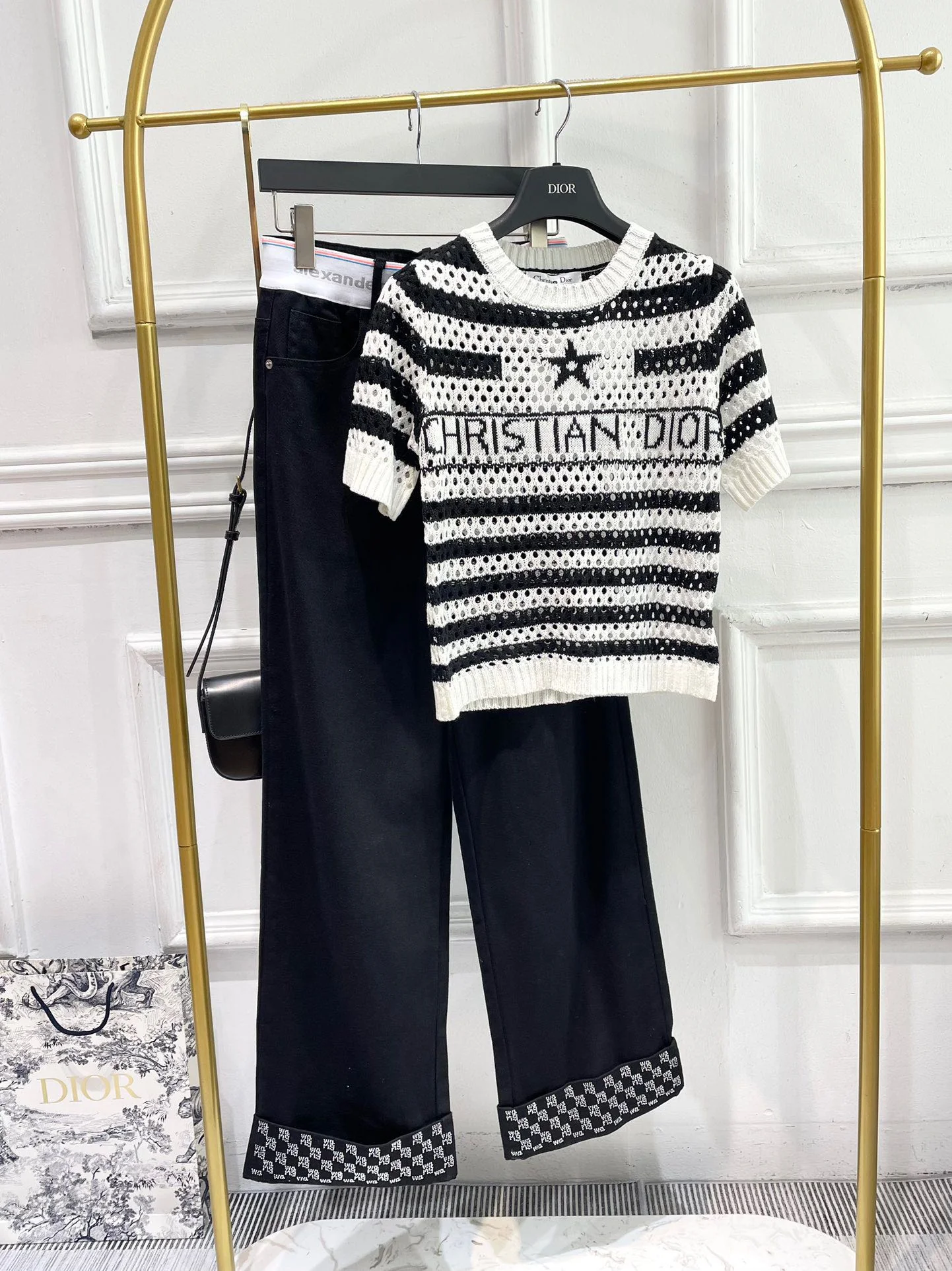 Dior 2403 - Полосатый ажурный вязаный свитер с короткими рукавами