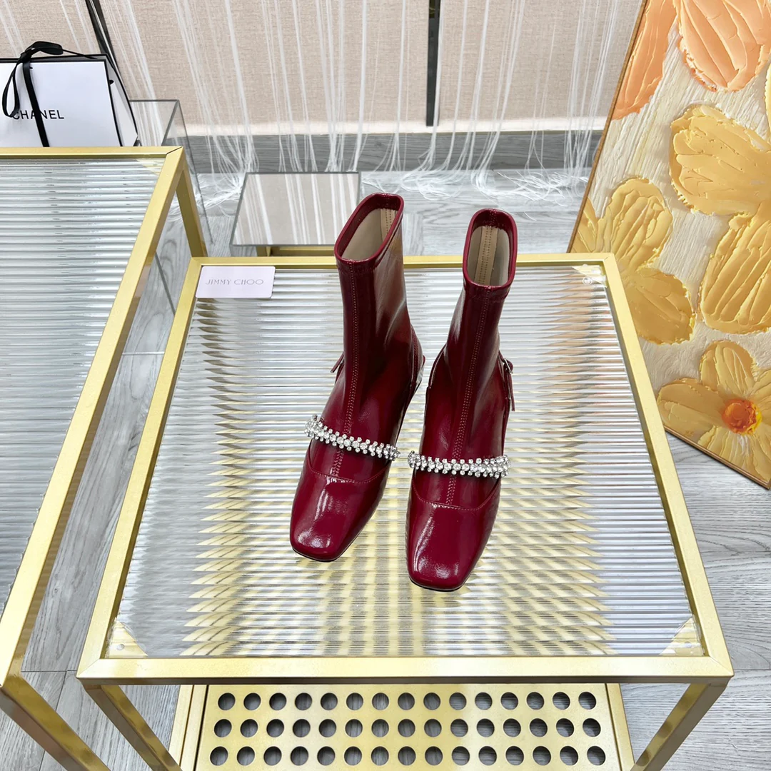 Ботильоны Jimmy с квадратным носком и цепочкой со стразами - красные