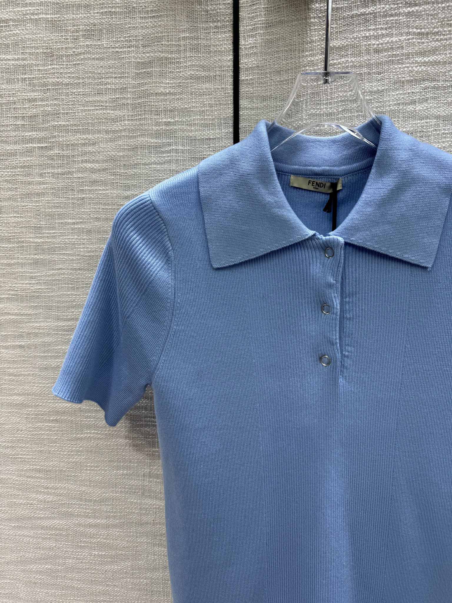 Fendi - Коллекция ?Ранняя весна?, минималистичная футболка-поло с коротким рукавом, 2403-24, синий цвет.