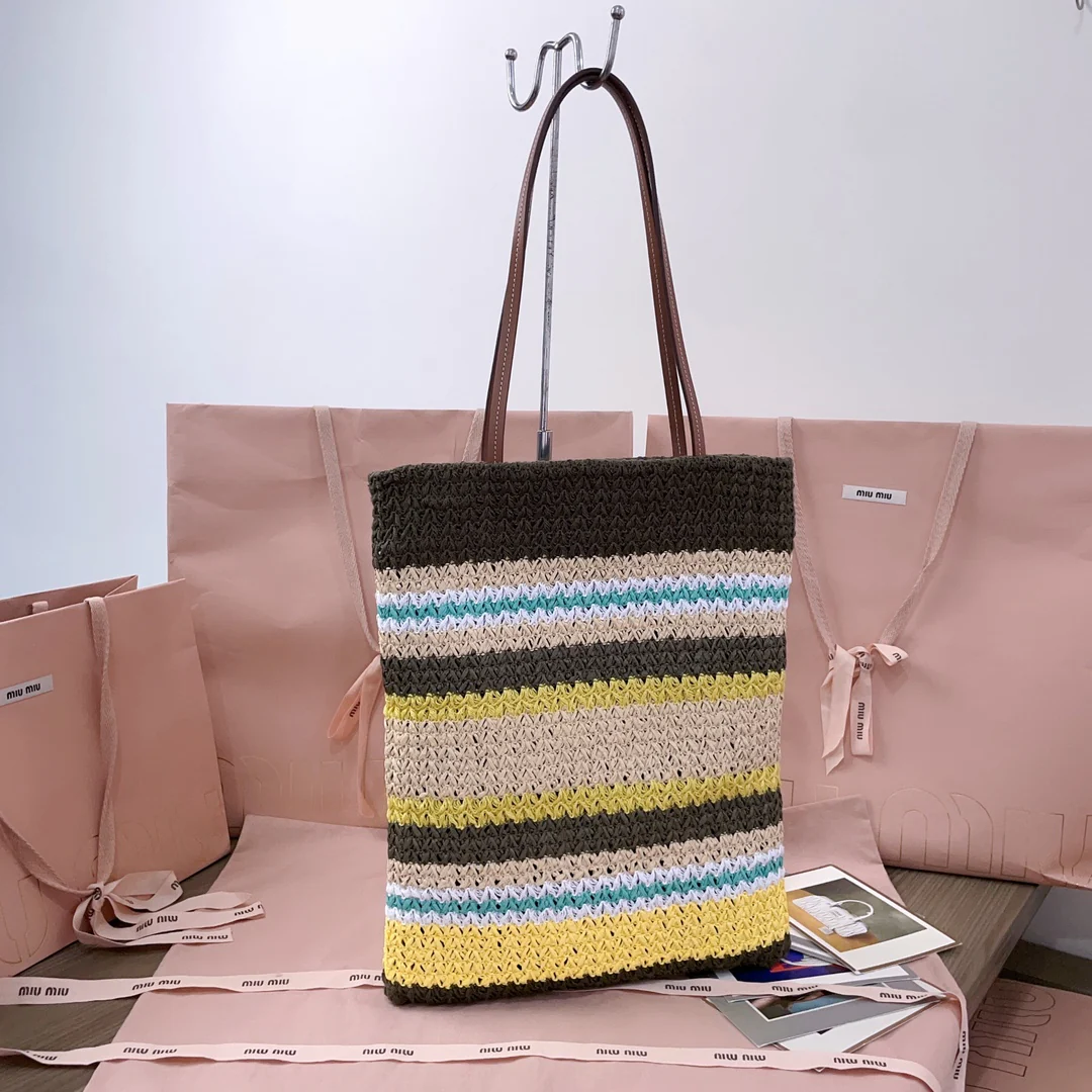 Miu Miu-5bg248 - Вязаная сумка-шоппер из рафии и хлопковой пряжи, маленькая
