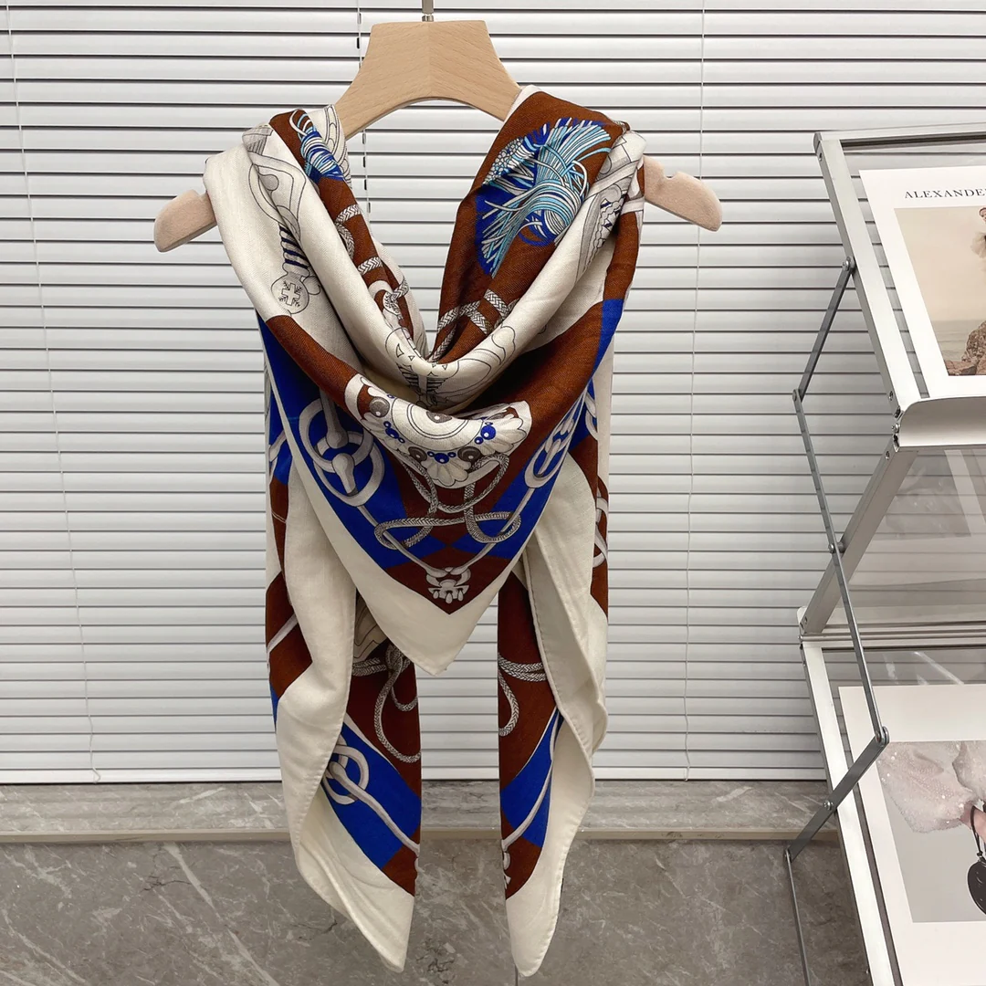 Большой двусторонний шарф Hermes - 136 см - 30 - Шелк 70 - Шерсть - 1